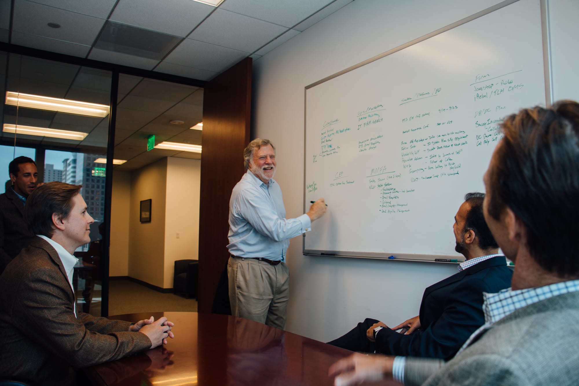 A Main Management strategy discussion at the whiteboard