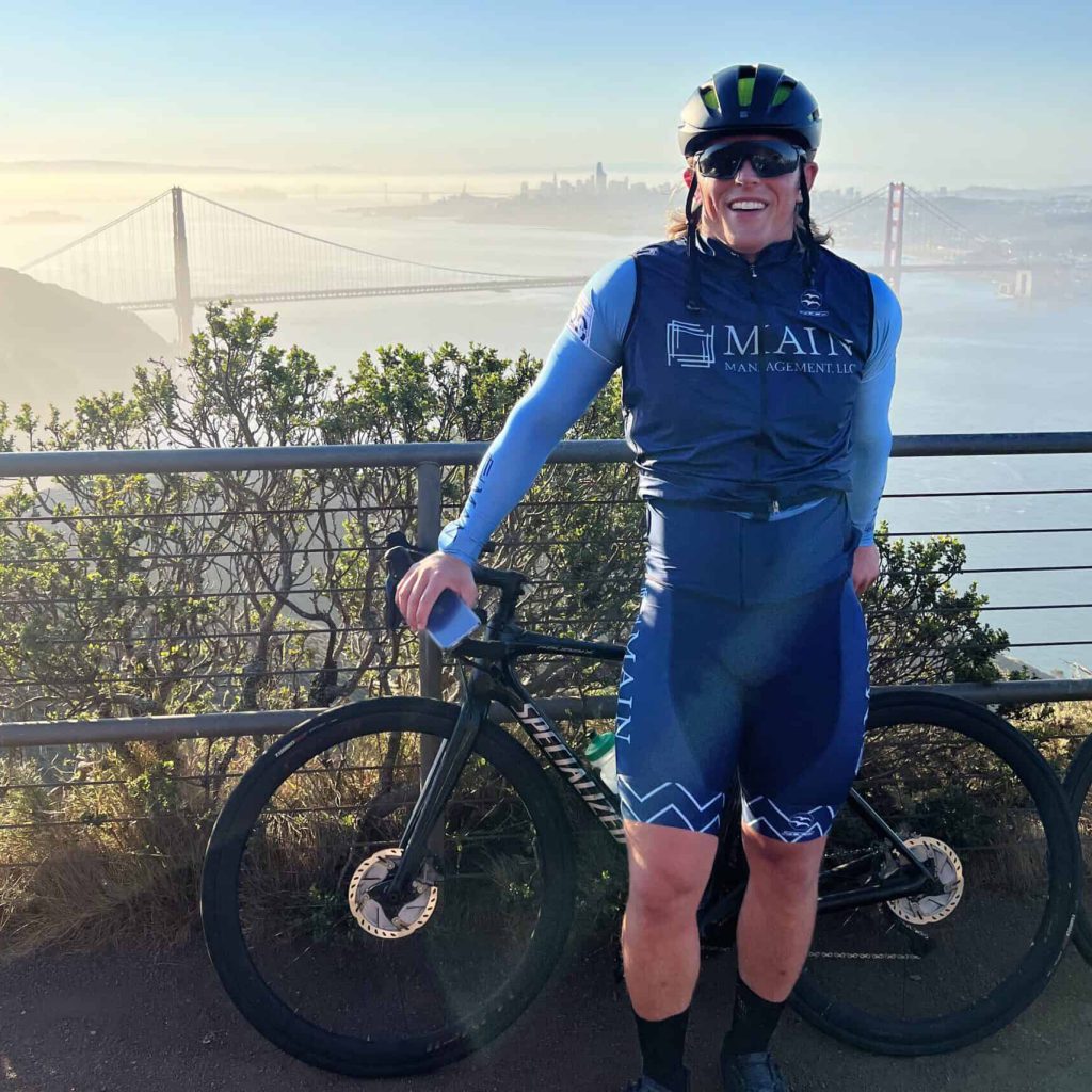 Matt Tymstra wearing our 20 year anniversary cycling kit for a morning ride in San Francisco.