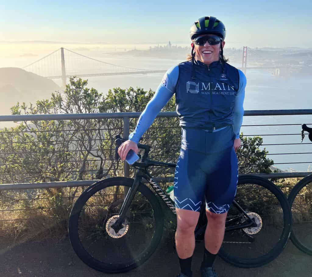 Matt Tymstra wearing our 20 year anniversary cycling kit for a morning ride in San Francisco.